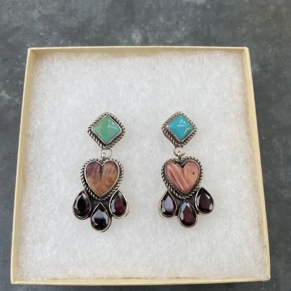 Sterling Nakai signed Navajo Heart Drop Earrings with turquoise and other gems - Picture 3 of 4